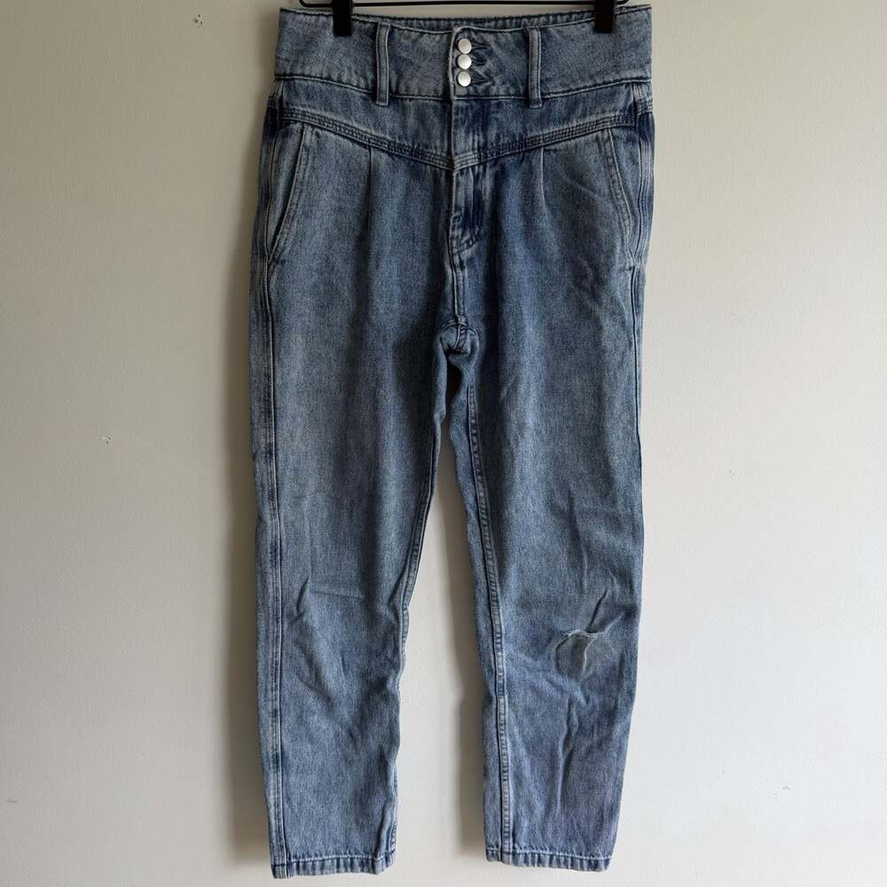 Sezane Sydney Trousers FR 36 US 4 Blue Snow Denim High Rise Pleated Straight Leg